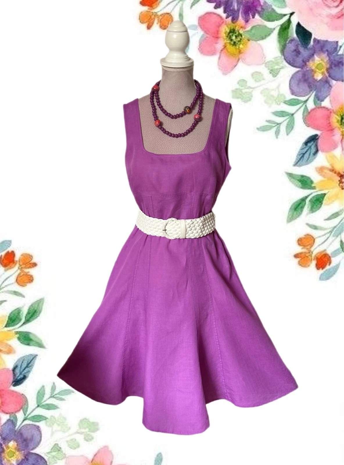 💜🌾Vestido vintage 100% lino campestre cottagecore Marella boho chic vestido de lino lila púrpura 38/40🌾💜 – photo 3